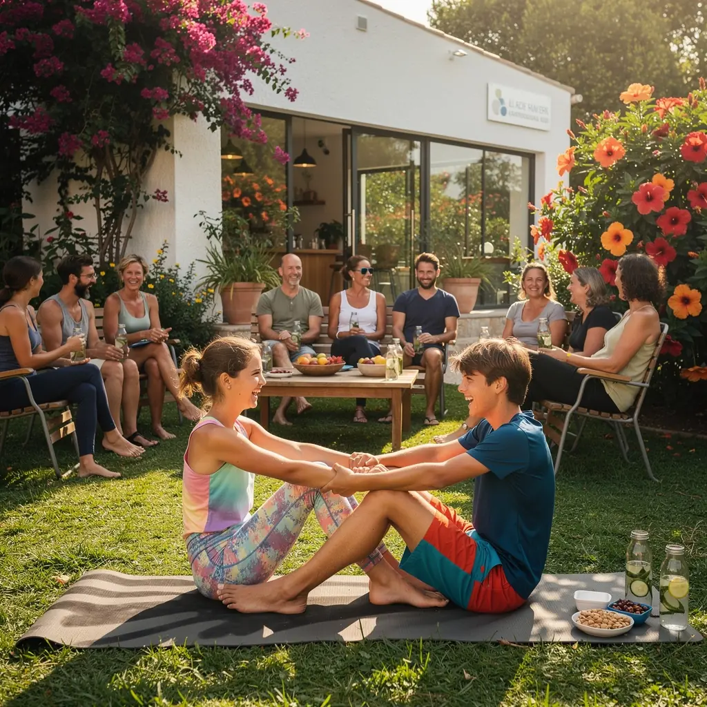 Instructora guiando a los participantes en una sesión de flexibilidad con ejercicios de estiramiento.