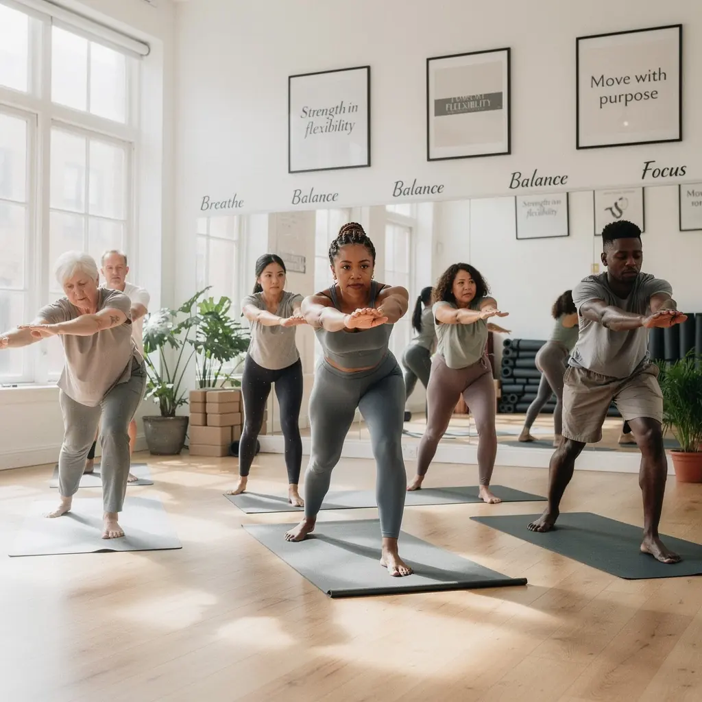 Grupo de personas practicando técnicas de estiramiento activo en una clase de yoga.