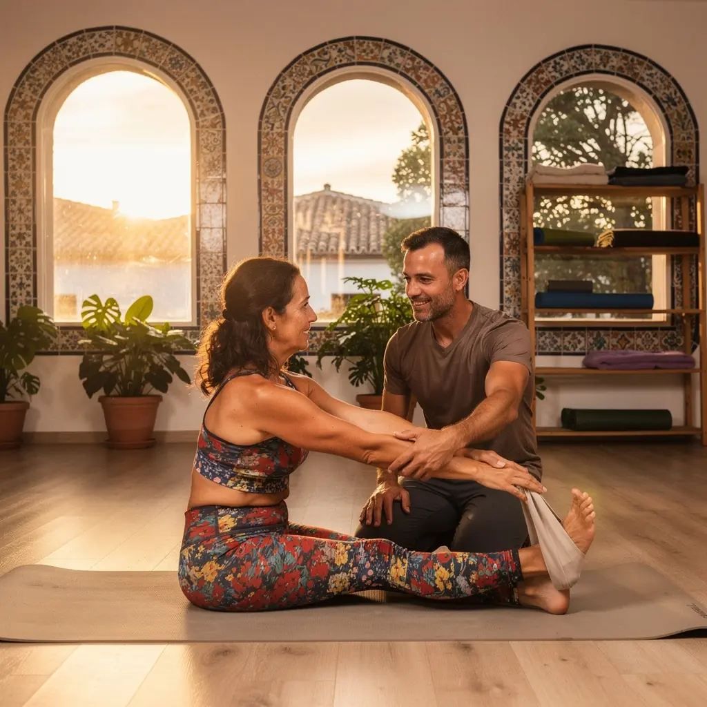 Estudiante de yoga realizando una postura de estiramiento pasivo en un estudio luminoso.