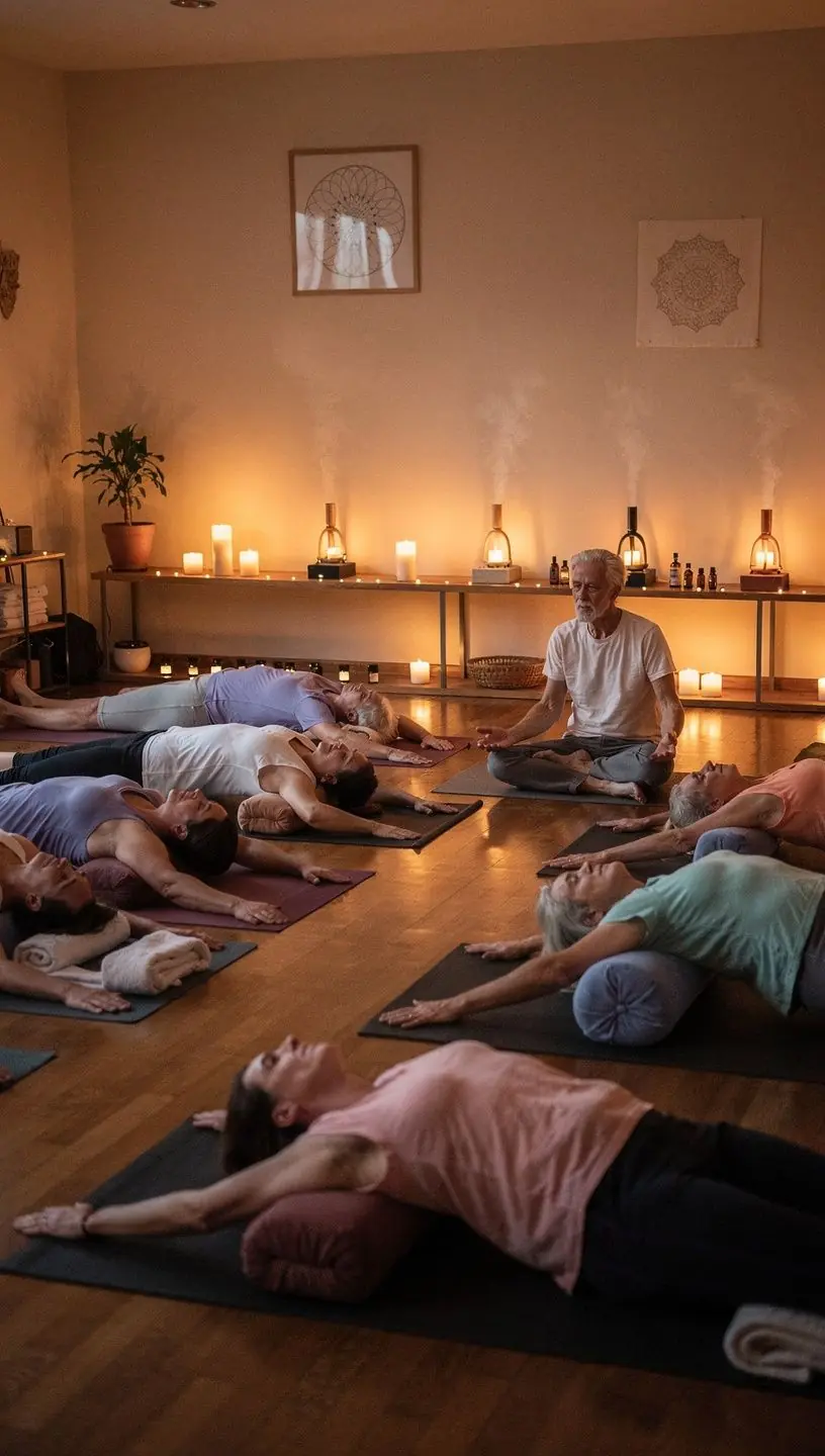 Grupo de practicantes de yoga en una clase, enfocándose en mejorar la flexibilidad.