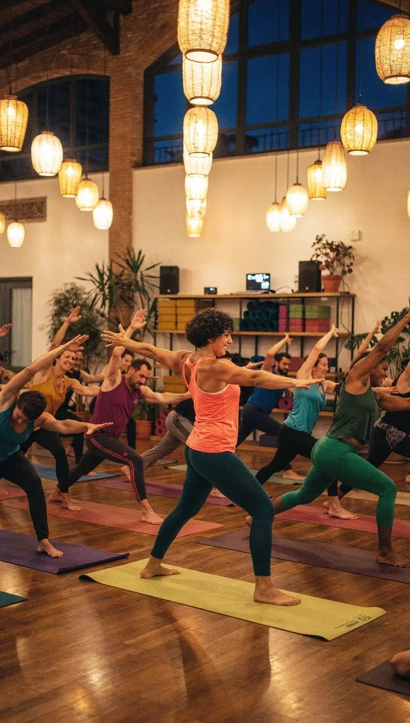 Grupo de practicantes de yoga en una clase, enfocándose en mejorar la flexibilidad.