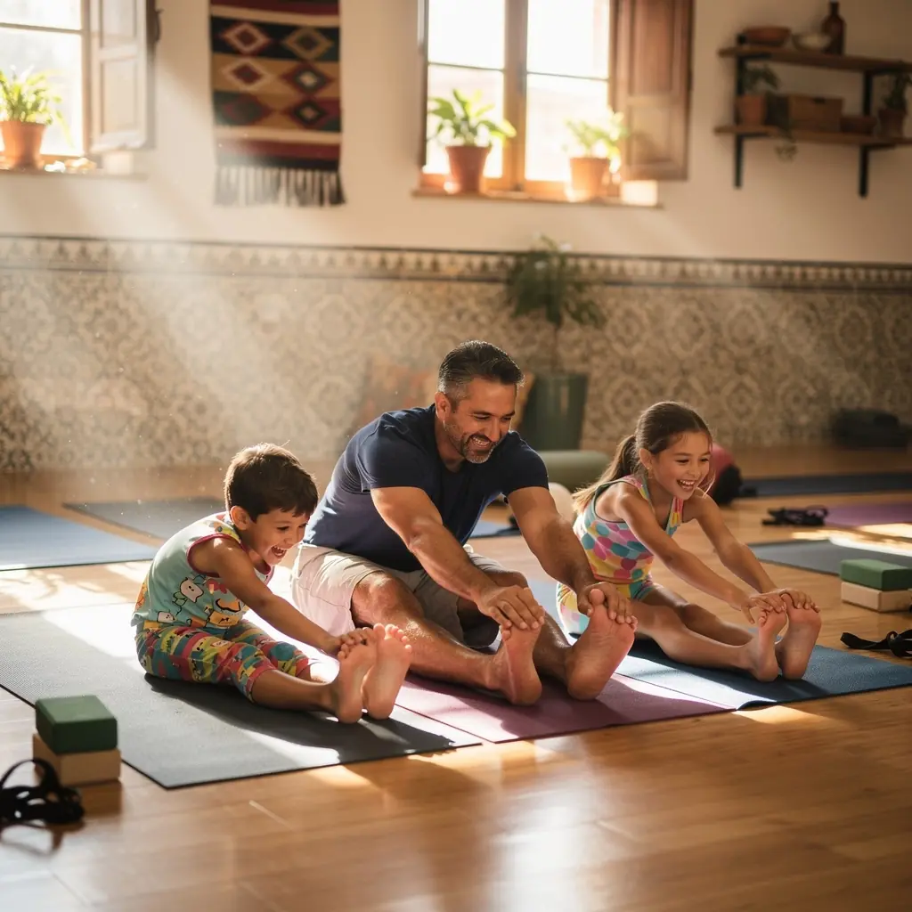Grupo de practicantes de yoga en una clase, enfocándose en mejorar la flexibilidad.
