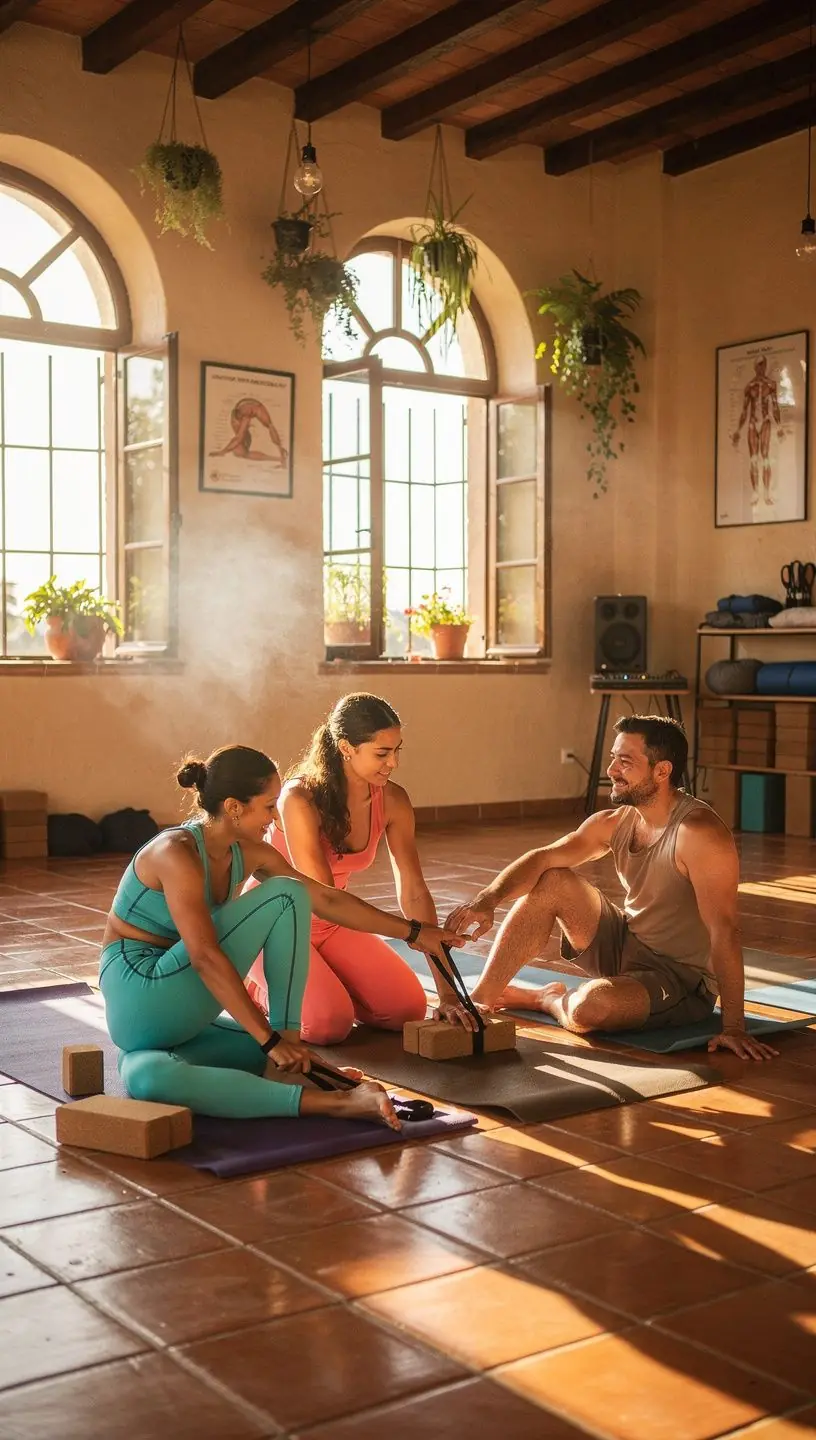 Estudio de yoga con personas realizando estiramientos pasivos en un ambiente relajante.