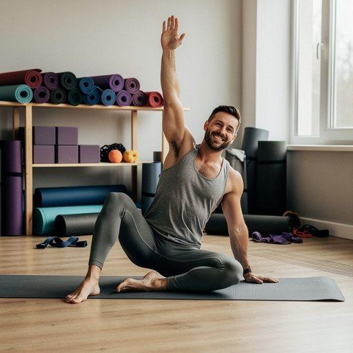 Alumna concentrada mientras realiza un estiramiento de piernas en una colchoneta de yoga.