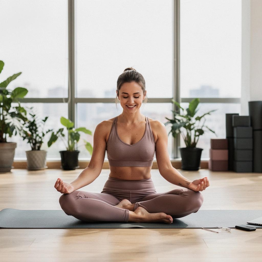 Ambiente tranquilo del estudio de yoga con luces suaves y decoración natural.